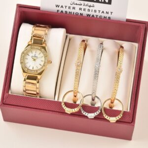 طقم ساعة نسائي سداسية الشكل مع علبة فاخرة ( ساعة + 3 أساور + 3 خواتم زركون ) 