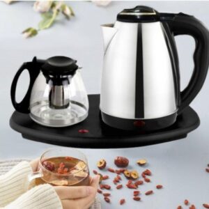 طقم غلاية كهربائية مع إبريق زجاجى 1*2 لتحضير الشاهى والقهوة والمشروبات العشبية الساخنة - 1500 واط بسعة غلاية 1.8لتر، وإبريق 1.4 لتر